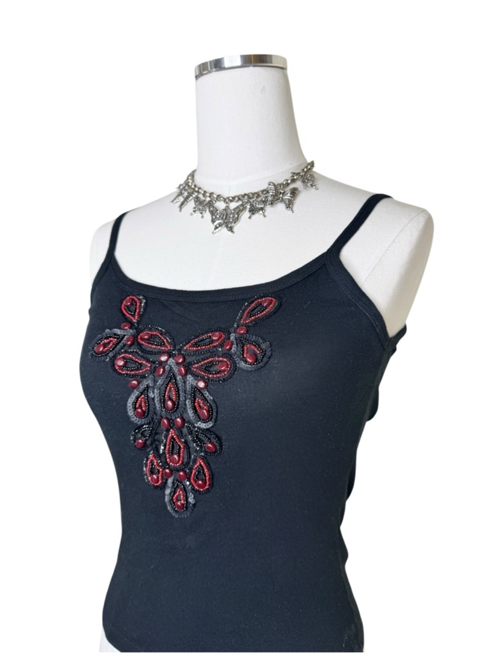 Anna Sui Black Cami top with Black + Red Beaded Details Size Small - Picture 2 of 10